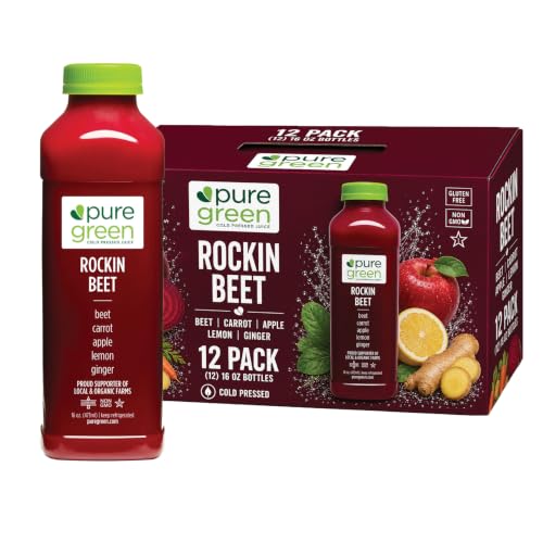 Pure Green Cold Pressed Beet Juice – 12 Bottles 16oz |Beet, Carrot, Apple, Lemon & Ginger | Non-GMO, Gluten Free