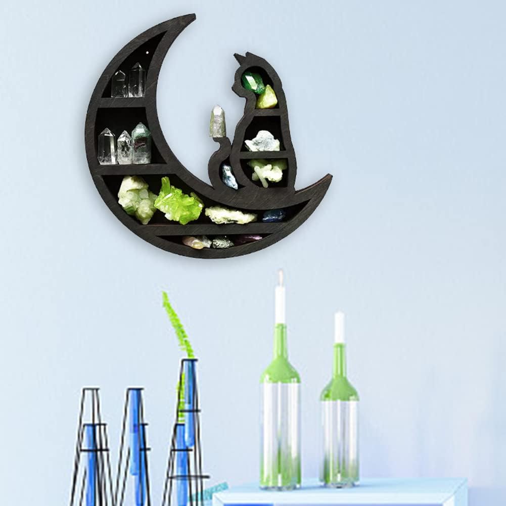 Cat on The Moon Wooden Shelf for Crystals, Moon Crystal Shelf Jewelry Holder, Floating Shelves Essential Oil Shelfes for Living Room, Dinning Room, Bed Room(Color:Black)