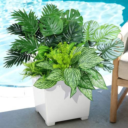 YUGYUM Artificial Plants Outdoor UV Resistant 10 Bundles Tropical Faux Plants 24.8 Tall with Areca Palm Monstera & Flowers Fake Greenery for Outdoor Planters Porch Patio & Garden Decor