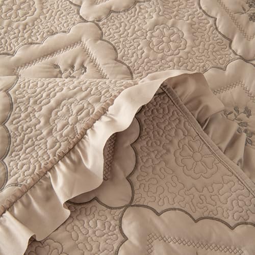 Image of BOV Farmhouse Queen Ruffle Comforter Set Gray, Vintage Cottage Style Bedding with Pillow Shams, Soft Embossed Quilt Bedding for Country Cottage & French Country Bedrooms, 92x96 Inches