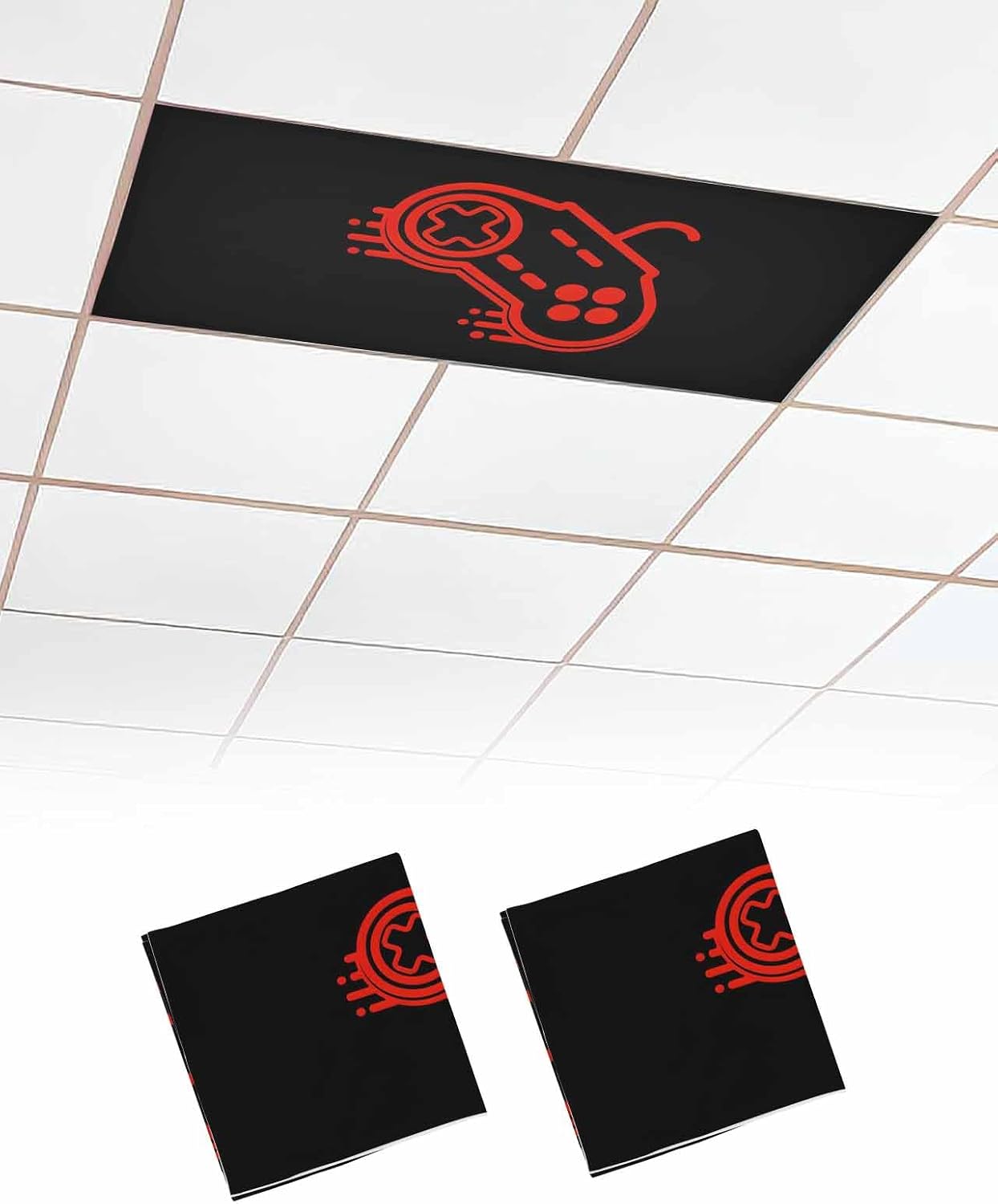 Game Console Magnetic Fluorescent Light Covers for Ceiling Lights 2 x 4 Feet, Red Black Gameing Modern Art Office Classroom Kitchen Drop Ceiling Covers Lighting Filters Shade Panel 2 Packs