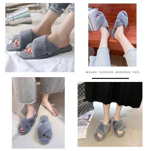 sharllen Women's Fuzzy Cross Band Slippers Open Toe Cozy Plush Furry Ladies Slippers Comfy Memory Foam Slides Slippers with Arch Support Fluffy House Slippers Home Bedroom Indoor Outdoor4
