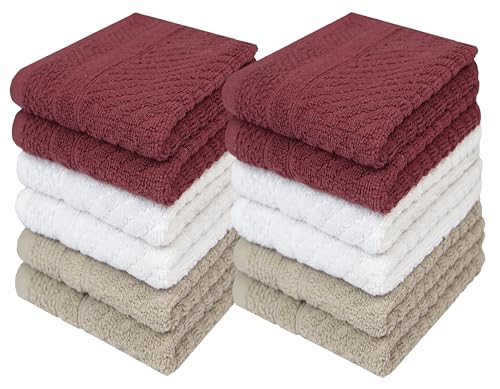 Image of PH Pleasant Home Diagonal Wash Cloths Set - 12 Pack (12 inch x 12 inch) - 509 GSM - 100% Ring Spun Cotton Wash Cloth - Super Soft and Highly Absorbent Face Towels (Maroon, White & Tan)