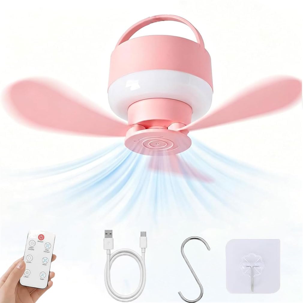 Portable Rechargeable Hanging Fan Light for Indoor & Outdoor Use, Ceiling Fans Lights with Remote Timer 3 Colors, 5 Speeds, 3m wires, 2-in-1 Camping Fan, Portable Detachable USB Tent Fan ﻿ (Pink)