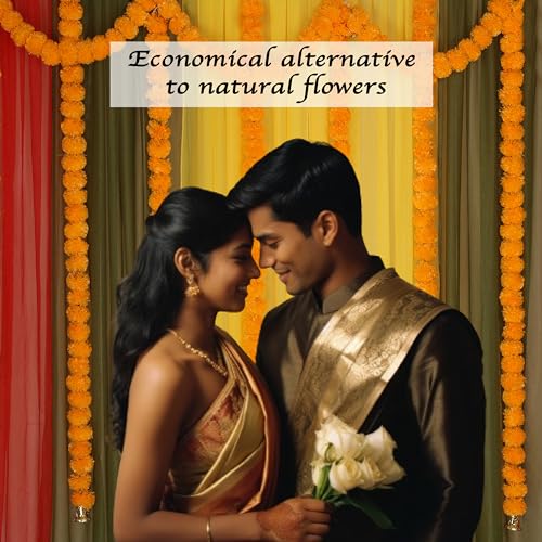 Marubhumi 5-PC Artificial Marigold Flower Garland – 4.5 Feet Long Strands with Bells | Mango Color | Diwali, Wedding, Home, and Christmas Décor by Marubhumi - Image 3