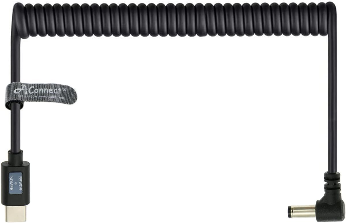 12V PD Power Cable USB C Type C to DC 5.5x2.5mm Male Right Angle Coiled Cable with Power Indicator for KiPRO LCD Monitors Blackmagic BMCC Camera Video Assist Monitor