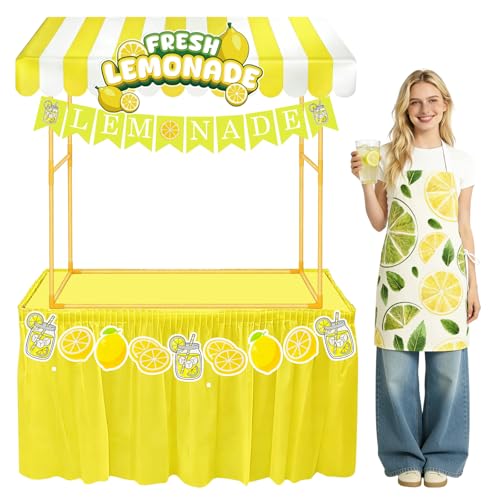 Yudlto 8 Pcs Fresh Lemonade Stand Hut Decor Kit - Shelf Banner, Roof Pennant, Apron, Waterproof Tablecloth Skirt Set for Photo Props, Outdoor Lemon Themed Party Supplies (Table Not Included)