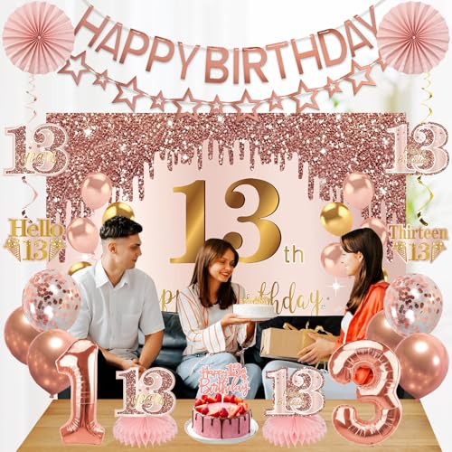 Turypaty 13th Birthday Decorations for Girls, Pink Rose Gold Happy 13 years old Birthday Banner Backdrop Balloons Sash Table Cake Topper Honeycomb Centerpieces Hanging Swirls Paper Fans Party Supplies by Turypaty - Image 4