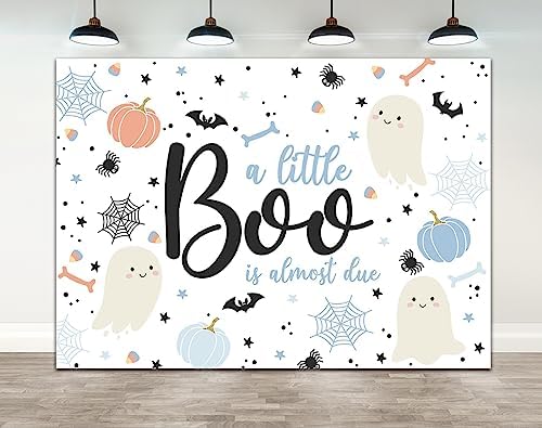 Ticuenicoa 7×5ft Halloween Baby Shower Backdrop A Little Boo is Almost Due Blue Ghost Bat Pumpkin Boys Kids Hey Boo 1st Birthday Party Photography Background First Birthday Party Banner Decor