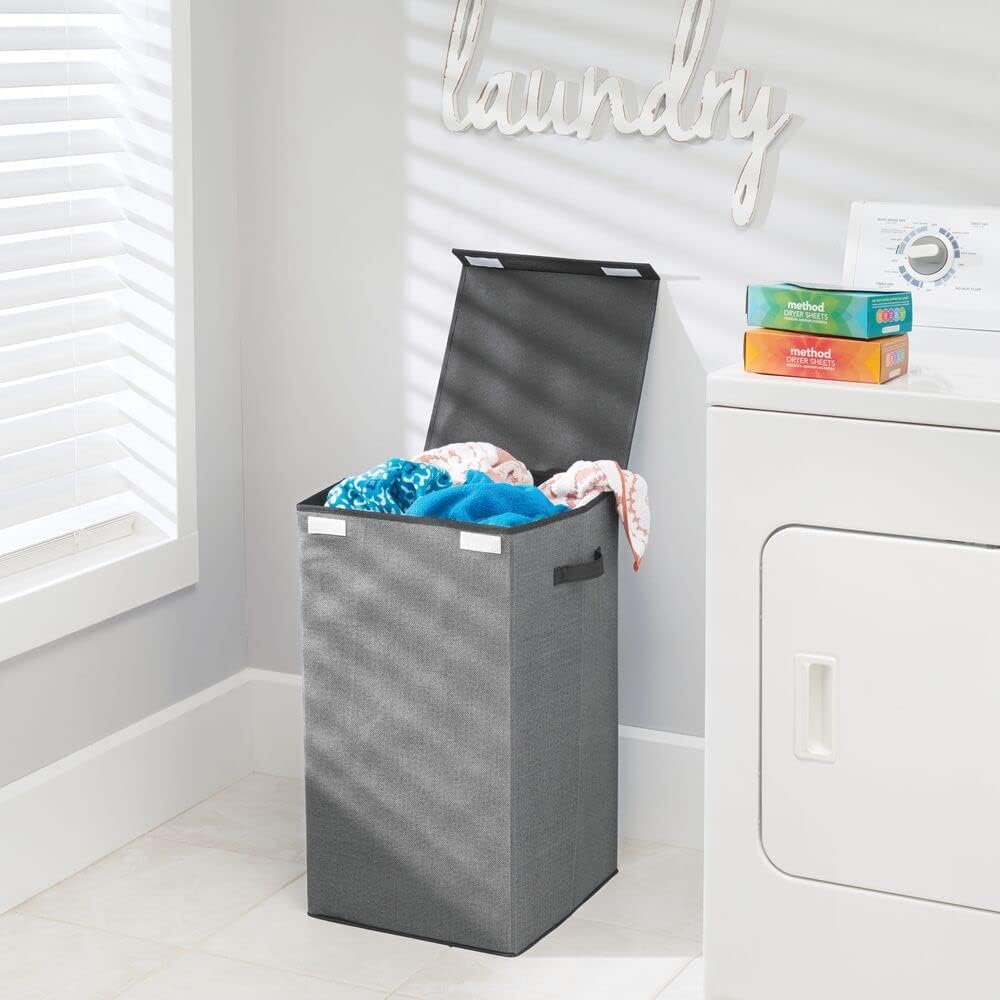 mDesign Large Upright Laundry Hamper Basket with Hinge Lid and Attached Handles - Foldable for Compact Storage in Bedroom, Bathroom, Laundry Room, Apartment, Dorm - Lido Collection - Dark Gray/Black