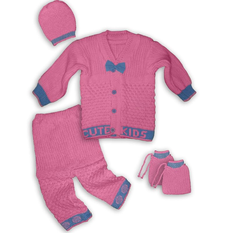 Image of Baby Unisex New Born Baby Boys Girls Soft Comfortable Trendy Woolen Round Neck Stripe Sweater Set with Payjami, Cap and Pair of Booties for Toddlers