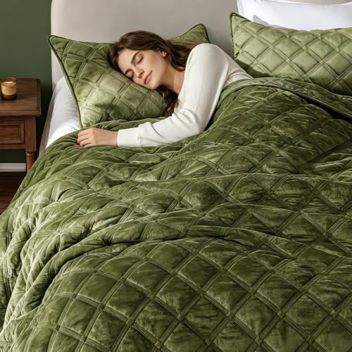 WONGS BEDDING Velvet Comforter King, Lattice Diamond Quilt Set, Olive Green - image 7