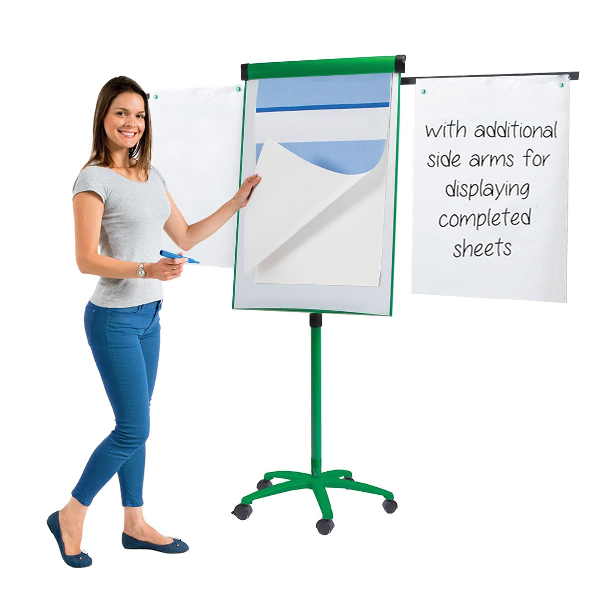 Metroplan Mobile Flipchart Easel, 1000 x 680 mm, Magnetic Whitboard, Green Frame With Locking Castors & Extendable Arms - Ideal for Office, Classroom, Training Venue