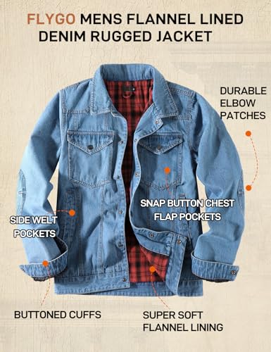 Flygo Mens Flannel Lined Denim Jacket Snap Cowboy Cut Western Classic Slim Fit Vintage Heavy Duty Jacket Trucker Coat thumb #2