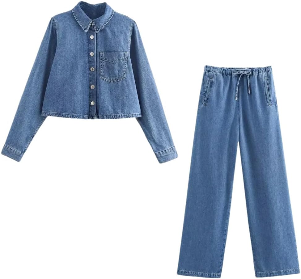 Womens Denim Shirt and Jeans Suit Casual Comfortable Two Piece Set