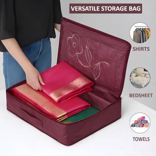 Image of Kuber Industries Parachute Saree Cover for Storage with Zip Closure | Wardrobe Organizer for Storage | Saree Organiser for Wardrobe | Embroidery Design - Maroon
