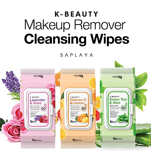 Saplaya K-Beauty Vitamin-C & Lemon Makeup Remover Cleansing Wipes 60 Count Remove Waterproof Makeup (Lavender & Rose) #TOP1
