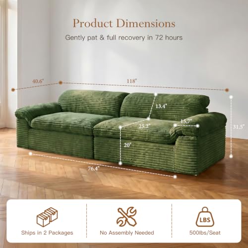 Image of Vesgantti 118 inch Boneless Couches for Living Room, Cloud Sectional Couch & Deep Seat, 3 Seater Comfy Corduroy Modular Sofa, Modern Slouch Couch, No Assembly Required, Green