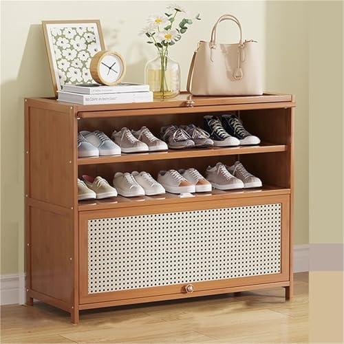 Zapatero Independiente con estantes y Puertas abatibles, de bambú, Ideal para Entrada, Pasillo, Sala de Estar o baño (80 x 32 x 73 cm).