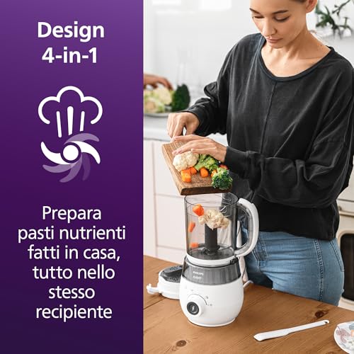 Philips Avent SCF883/01 EasyPappa Plus 4 in 1 Cuocipappa Multifunzione, Cuoci a Vapore, Frulla, Scongela e Riscalda in un Recipiente, 1 litro, Bianco/Grigio - Immagine 1
