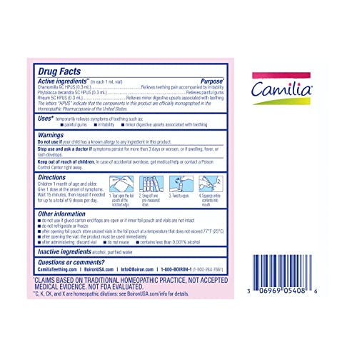 boiron camilia teething drops for daytime and nighttime relief of painful or swollen gums and irritability in babies - 15 count