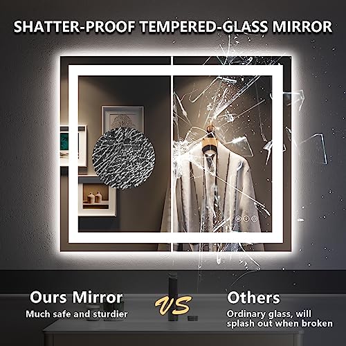 Image of 36x30 Inch LED Bathroom Mirror with Lights Front and Backlit Lighted Vanity Mirror for Bathroom Wall with 3 Colors Dimmable Anti-Fog Memory Shatter-Proof IP54 Waterproof Horizontal /Vertical