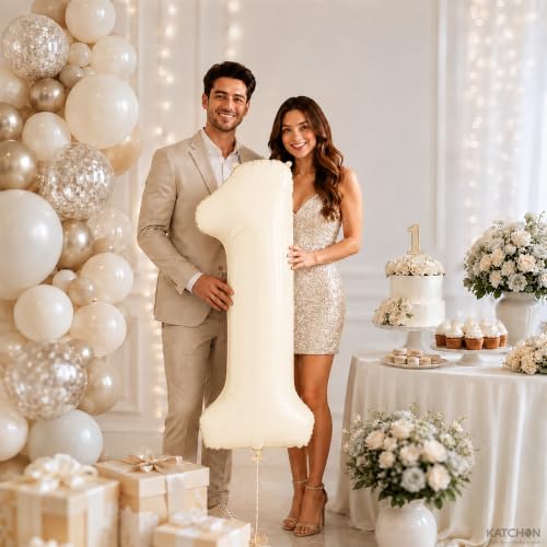 Image of KatchOn, Beige Number 1 Balloon 40 Inch, Happy Birthday Number Balloon | Number 1 Balloon, Reusable Foil Number Balloons for Birthday Decorations, 1st Anniversary Decor and Celebrations