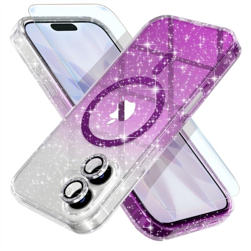 Choiche Magnetic for iPhone 17 Case Compatible with MagSafe, Women Cute Glitter Sparkly Phone Case with Diamond Camera Lens Protectors, Military-Grade Drop Protection 6.3" (Clear/Purple) by Choiche - Used condition - US$12.73