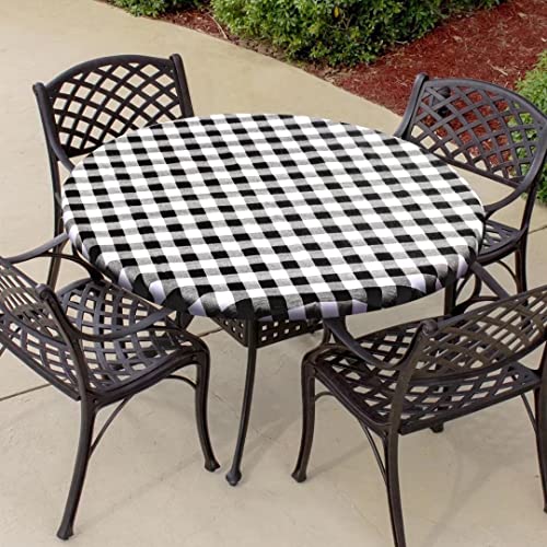 Fitable Vinyl Fitted Round Table Cover With Elastic, Black And White Checkered Tablecloth With Flannel Backing Plaid Table Cloth For Indoor Outdoor Picnic Party (Fit For 45"-56" Round Tables) #TOP1