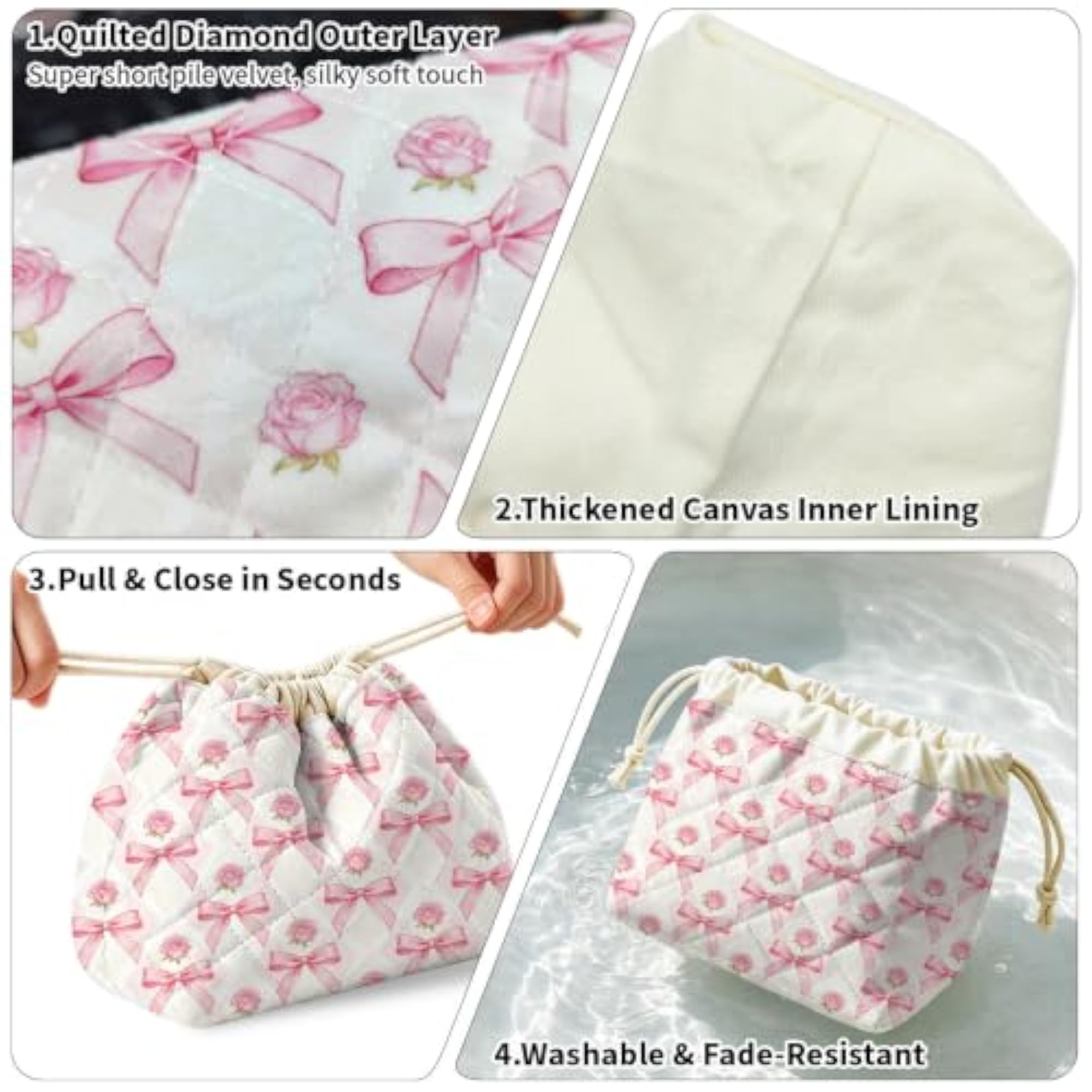 Quilted Drawstring Makeup Bag, Bow and Rose Design