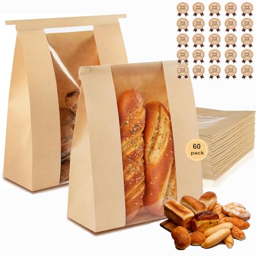 Lmoszuak 60 Pack thicker Large Paper Bread Bags,for Homemade Bread(13.7x8.2x3.7in)& Tin Tie Tab Lock.with Window Sourdough bags &75pcs Sealing Stickers,for Packaging and Storage of Baked Goods