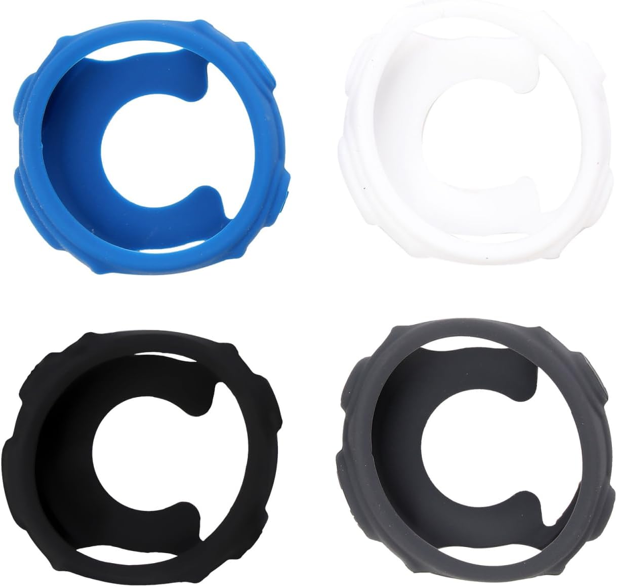 Four silicone watch cases in blue, white, black, and grey