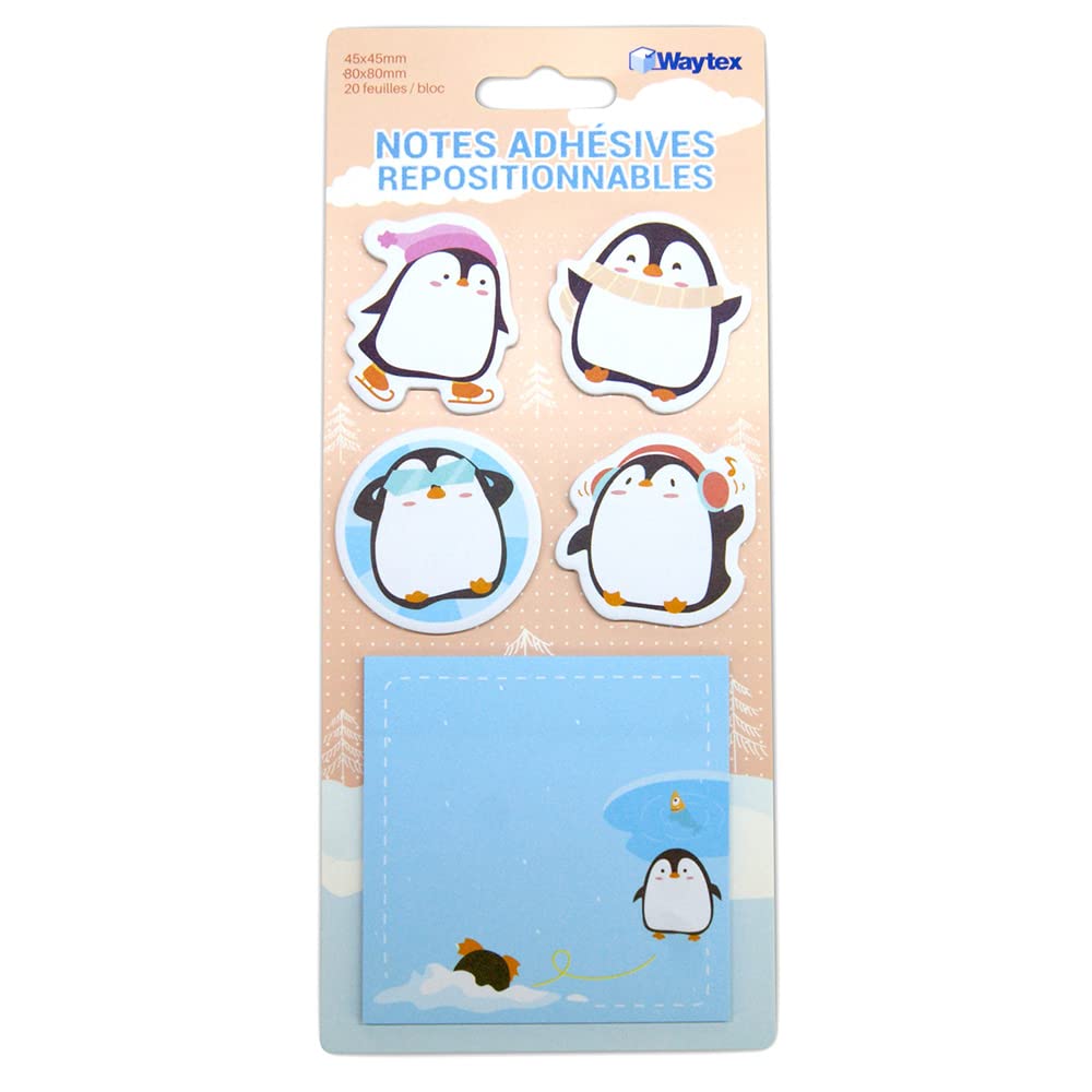 WAYTEX 931666 Reusable Sticky Notes Cute Animals on Stand 4 Mini Penguin Pads and 1 Square Pad 8 x 8 cm Penguin (Pack of 100)