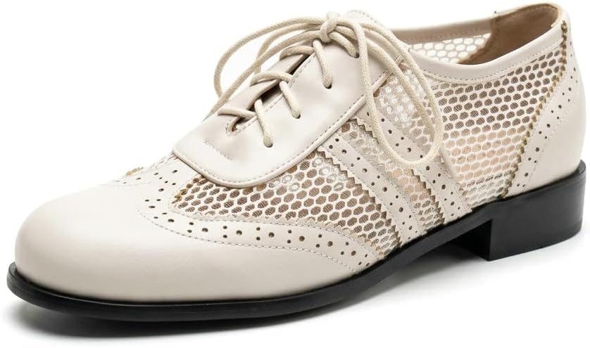 Women's Saddle Shoes Brogue Oxfords Vintage Lace up Dress Shoes Breathable Mesh Chunky Low Heel Wingtip Classic Retro Outdoor Footwear