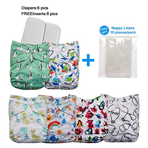 LBB Cloth Diapers Set With Adjustable Snaps Reusable,6 Diaper Covers+ 6 Inserts, Penguin, 6 Pack