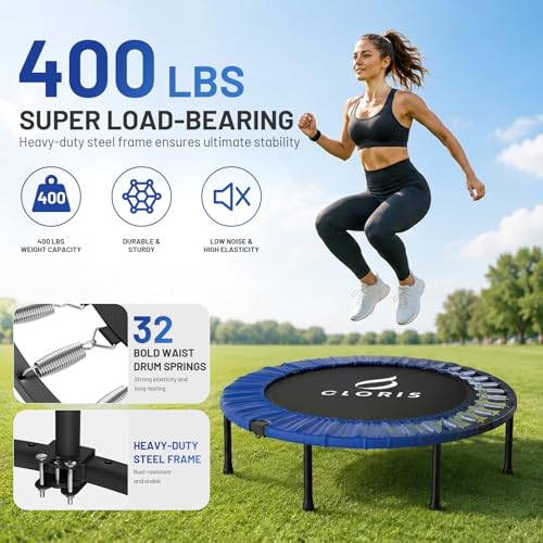 Image of CLORIS Rebounder Trampoline for Adults 40 Inch, 400 lbs Capacity with 5-Level Adjustable Bar, Foldable Mini Indoor Fitness Workout Exercise Equipment Blue