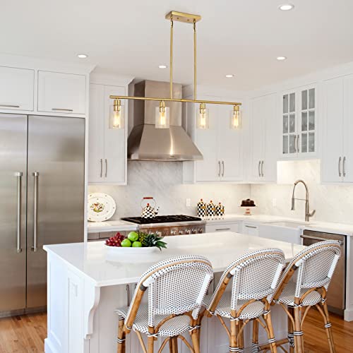 Image of 4-Light Brushed Brass Kitchen Island Chandelier with Glass Shades