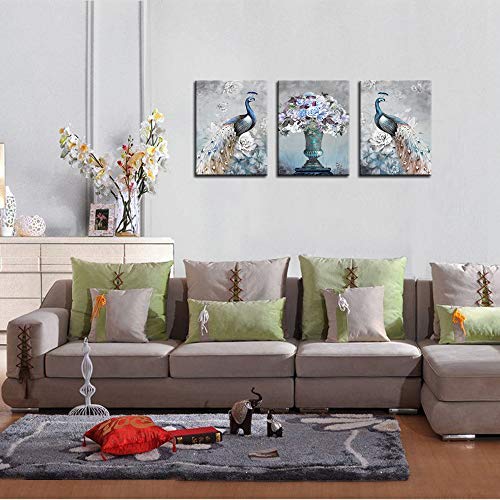 Nachic Wall- Canvas Prints Wall Art Blue Peacock Elegant Flower Painting Giclee Print On Canvas Stretched And Framed Vintage Home Office Living Room Bedroom Decor Artwork Set Of 3 #TOP3