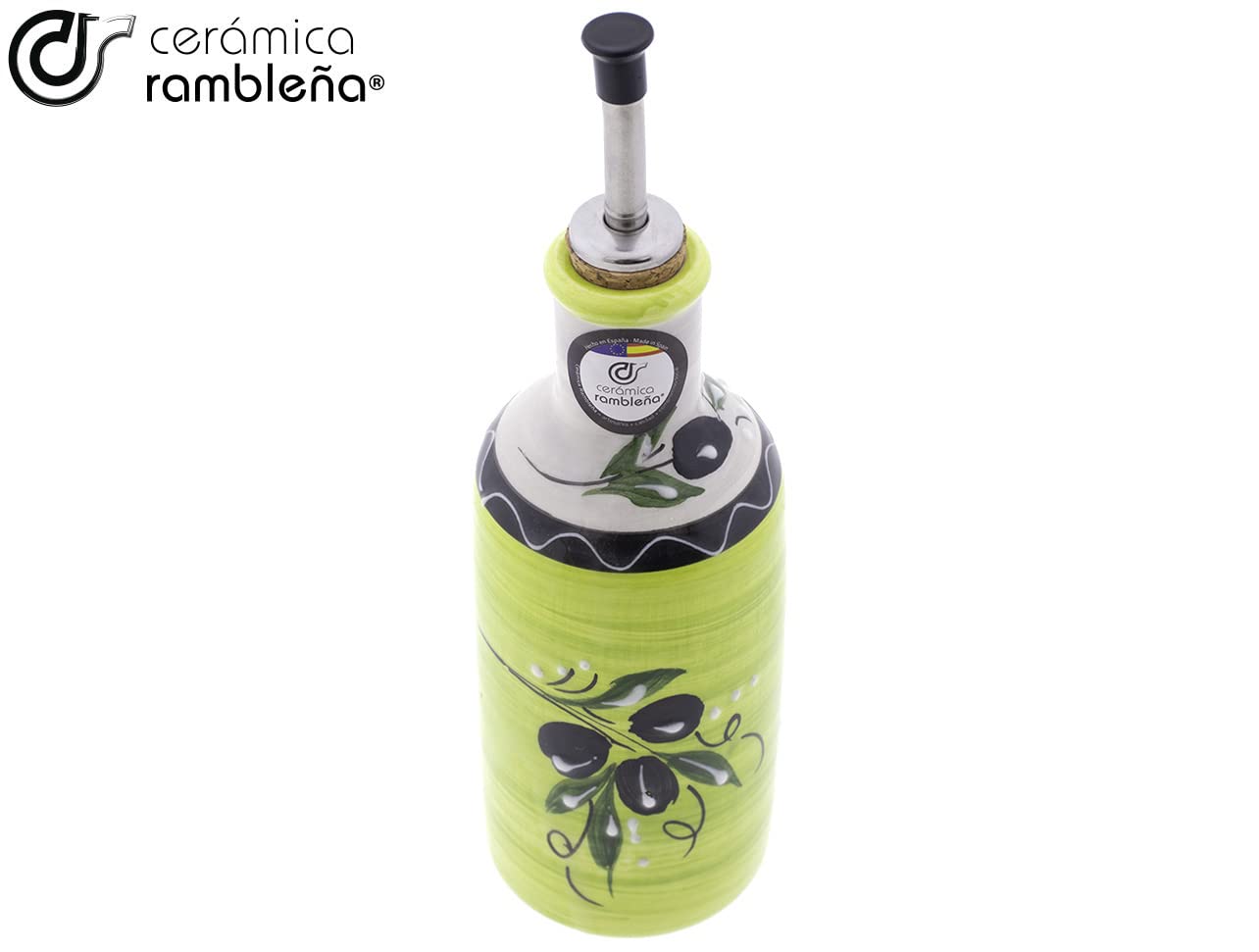 CERÁMICA RAMBLEÑA | Aceitera Amazon Antigoteo | Decoración Aceitunas - Modelo 07 | 500 ml | 100% Decorado a Mano | 7x7x24 cm