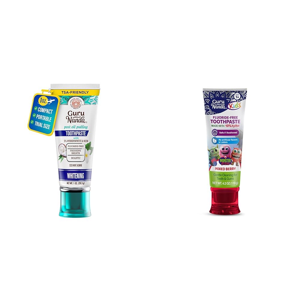 GuruNanda Travel Toothpaste with Hydroxyapatite Fluoride-Free SLS-Free TSA-Friendly CocoMint 1 oz & Kids Toothpaste for Toddlers with 10% Xylitol Fluoride-Free Berry Flavor 4.2 oz
