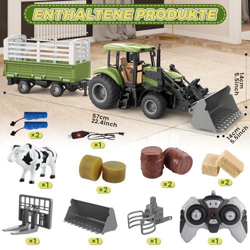 JONRRYIN Ferngesteuerter Traktor, 16 Stück Traktor mit Anhänger, 2.4 GHz Fernbedienung & App 2X Wiederaufladbare Batterien, 3X Fahrzeugfront, Kuh, Heuhaufen Bauernhof Spielzeug ab 4 5 6 7 8 9 Jahre