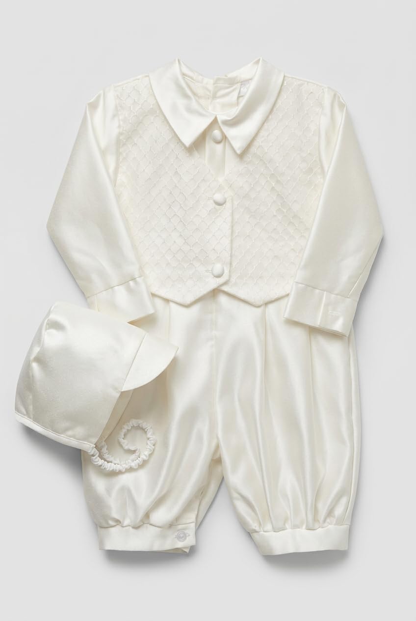 SIRRI Completo da Battesimo per Neonato Color Avorio, Composto da Tutina, Cappellino e Gilet Testurizzato.