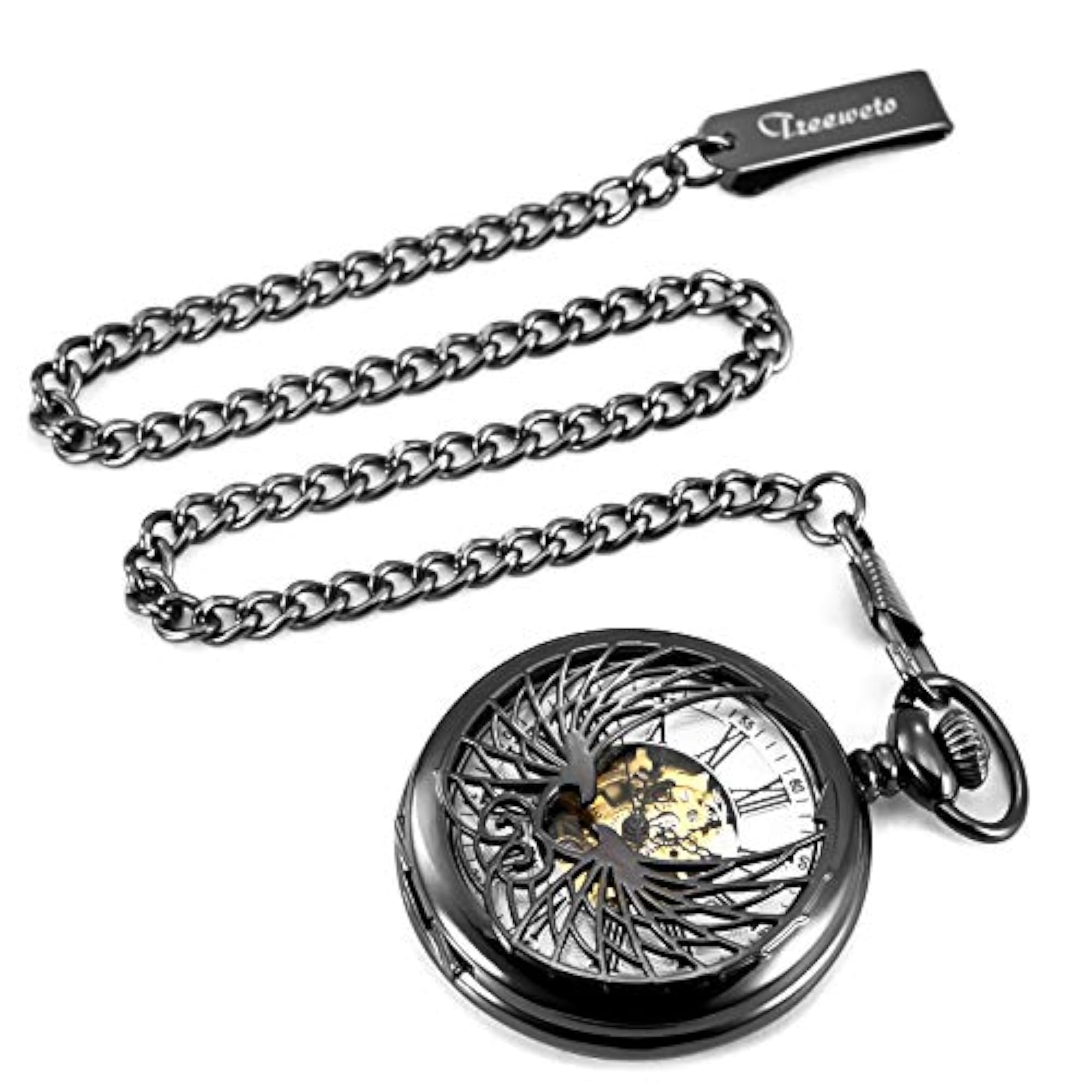 Skeleton Eagle Wings Design Black Case Pocket Watch