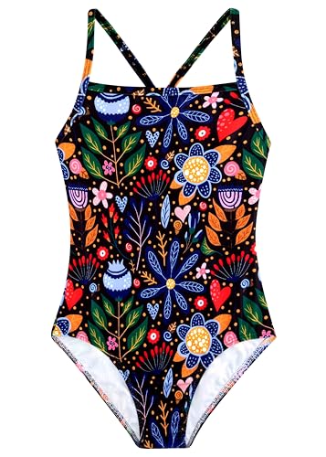 Belovance Girls Swimsuits One Piece Bathing Suit with Criss Corssback Straps Szie 6 7 Kids Children Swimming Suit Black Floral Swimwear Quick Dry (Black Floral, 6-7 Years)