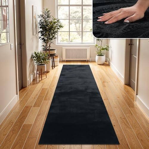 TT Home Wohnzimmer Teppich Hochflor Langflor Kunstfell Weich Modern Unifarben Flauschig, Farbe: Schwarz, Größe:60x90 cm