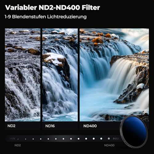 K&F CONCEPT 72mm ND Filter Variabler Graufilter ND2-ND400 (1-9 Blendenstufen) mit DREI Reinigungstücher für Landschaftsfotografie（Nano-Klear Serie）