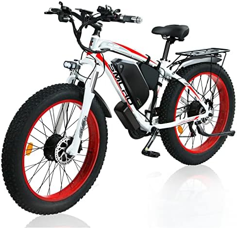 SMLRO Fat Tire Electric Bike 2000w Ebikes for Adults 48V 22.4AH Removable Battery 35MPH Dual Motor 26” Electric Dirt Bike 21 Speed Hydraulic Disc Brakes (Red & White)