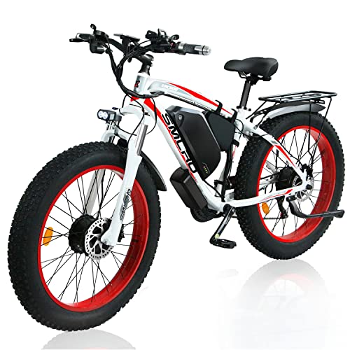 Smlro Fat Tire Electric Bike 2000W Ebikes For Adults 48V 22.4Ah Removable Battery 35Mph Dual Motor 26” Electric Dirt Bike 21 Speed Hydraulic Disc Brakes (Red & White) #TOP24