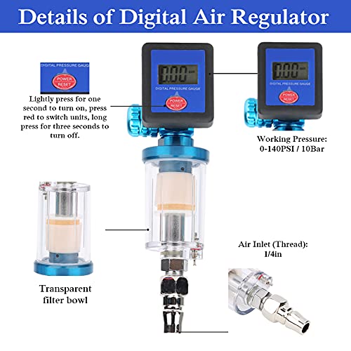 Digitaler Luftregler, Luftkompressorfilter, 140PSI 1/4 Luftdruckregler-Messgerät, Öl-Wasserfallen-Filterregler mit Anschluss für Spritzpistole