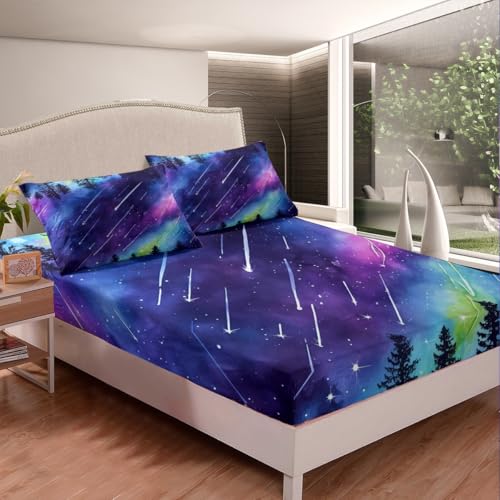 Homemissing Galaxy Bed Sheets Set Double Size Outer Space Sheet Set Universe Cloud Galaxy Glitter Shooting Star Print Tree Sheets with Deep Pocket Fitted Sheet Teens Decor Colorful Bedding Set Closure - Image 2